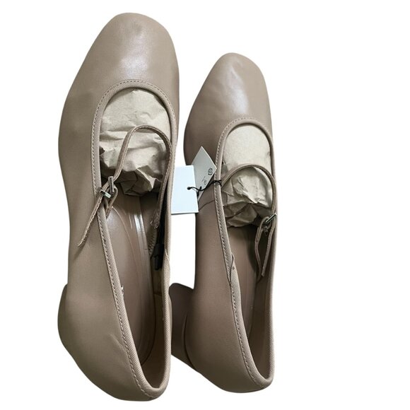 Zara Leather Beige Brown Pumps Mary Jane Style Size 10 Block Heel, Buckled Strap - Picture 6 of 9